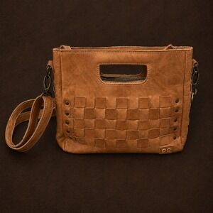 Bed Stu Tan Leather Woven Crossbody Bag Cutout Handle Studded Brown Handbag